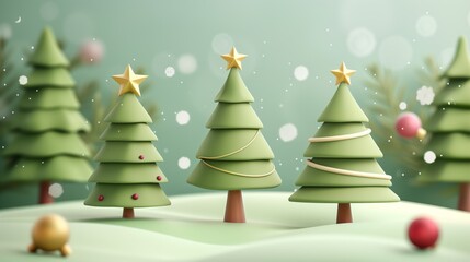 Fototapeta premium A festive and serene illustration of stylized Christmas trees with golden stars and snow.