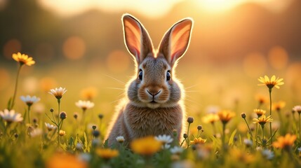 Fototapeta premium A cute rabbit sitting among colorful wildflowers during golden hour in a serene meadow, enjoying the warmth of a sunny day in spring