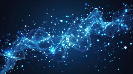 A digital abstract background featuring glowing particles and flowing lines in blue tones.