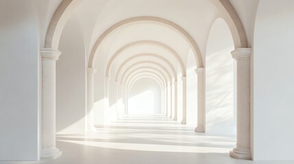 Obraz premium A long hallway with arches receding into the distance, with a light beige color scheme.
