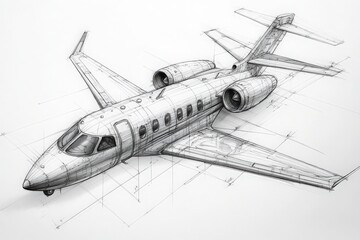 This technical sketch details a private jet design, highlighting its aerodynamic shape, wing structure, and engine placement. The intricate lines and measurements indicate precision engineering.