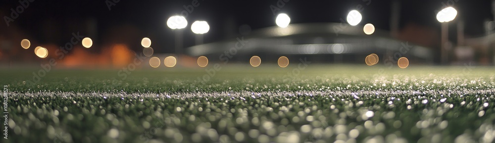 Poster a nighttime view of a sports field with artificial turf and illuminated surroundings.