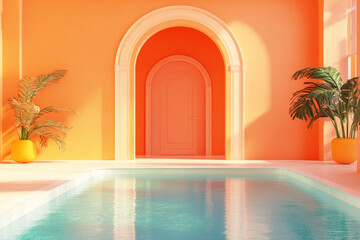 Bright minimalist room with arched door, orange walls and swimming pool. Simple geometric interior in room. Abstract design in minimalistic style. Modern architecture