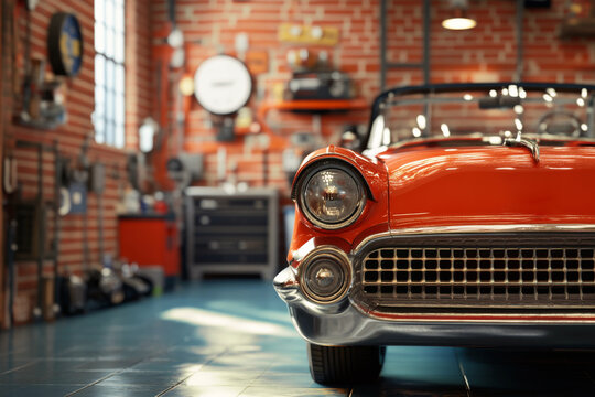 Fototapeta Red convertible parked inside vintage auto repair shop. Close-up of classic car in garage