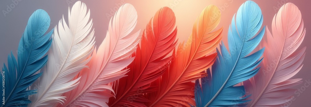 Poster A colorful array of feathers with a blue feather in the middle