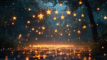Fototapeta premium A magical forest with glowing stars hanging from the trees, creating a magical atmosphere in the rain.