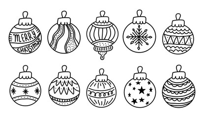 Set of hand-drawn Christmas ornaments in black and white. Christmas ornaments with unique patterns and holiday motifs. Ready for coloring pages, DIY crafts, cards. Vector illustration in doodle style.