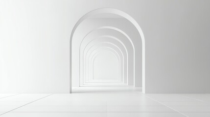 Fototapeta premium A long, white hallway with arches receding into the distance.