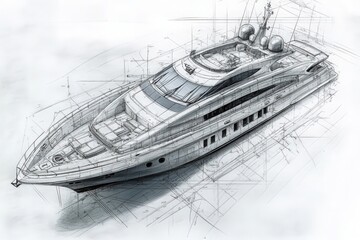 A detailed technical sketch illustrates the design of a luxury yacht, highlighting its intricate features and precise dimensions.