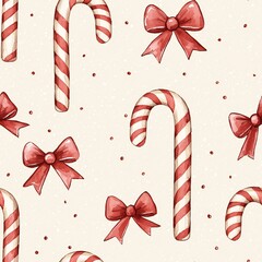 Festive Christmas Candy Canes Bows Seamless Pattern Background