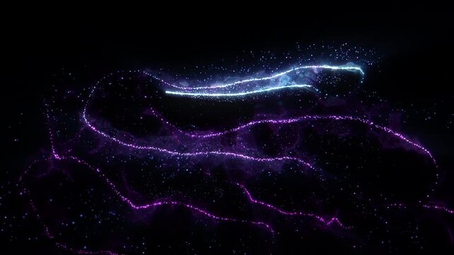 Vibrant wavy energy lines of purple and blue flowing across a black background, animated smoothly at 60 FPS. Trail gradient. Glow bokeh particles. Magic trace