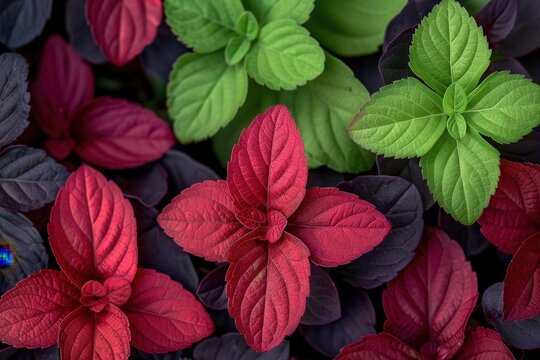A close up of three different colored plants with green leaves and red leaves - Powered by Adobe