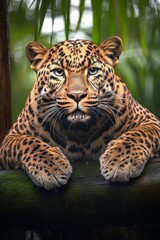Fototapeta premium Alert Leopard Resting on a Mossy Log, Captured Close Up in a Lush, Green Jungle Setting