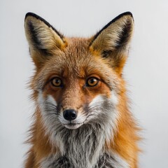 A fox curiously looking at the camera on a white background.

