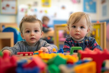 Adorable toddler boy and girl engaged in playtime with toys in a colorful kindergarten setting