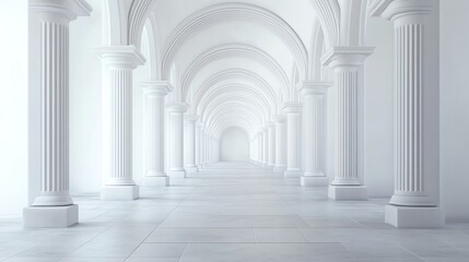 A long hallway with arches receding into the distance, with a light beige color scheme.