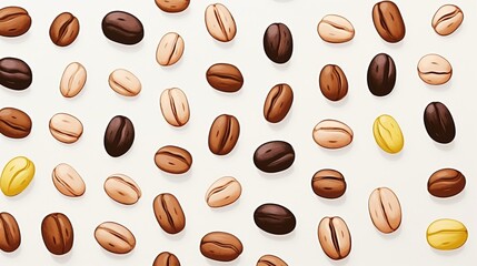 A vibrant arrangement of diverse coffee beans on a light background. Generative AI