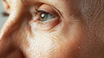 Fototapeta premium Close-up of an elderly person's eye showcasing texture, wrinkles, and a thoughtful expression in soft natural light.