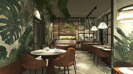 Fototapeta premium Stylish and botany interior of dining room with design modern home decor. Template.