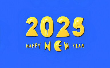 Happy new year 2025; simple creative design with bright metallic yellow text on blue background, 3d rendering, 3d illustration