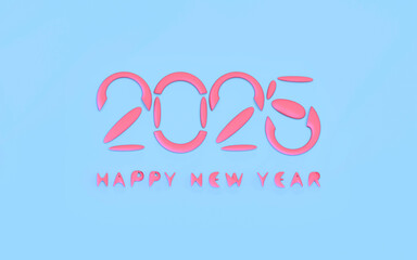 Happy new year 2025; bright pink text on blue background with copy space, 3d rendering, 3d illustration