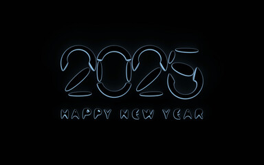 Happy New Year 2025; glowing neon text on black background with copy space, 3d rendering, 3d illustration