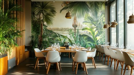 Fototapeta premium Stylish and botany interior of dining room with design modern home decor. Template.