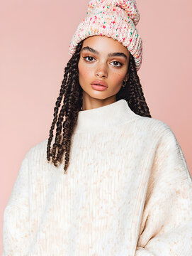 The model is wearing trekking boots with socks. The model is medium size, mix and in her early twenties. She ihas some freckles and has braids in her hair. She looks happy and cool. 