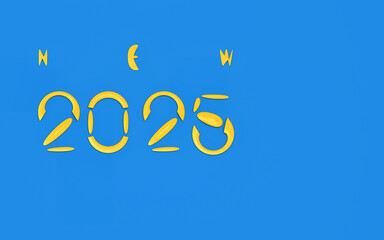 Happy new year 2025; simple bright calligraphy yellow text on blue background, 3d rendering, 3d illustration