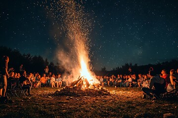 A large bonfire surrounded by people in the night sky