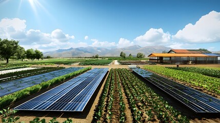 Solar-powered farms using precision irrigation and AI for maximum water efficiency and crop yield.
