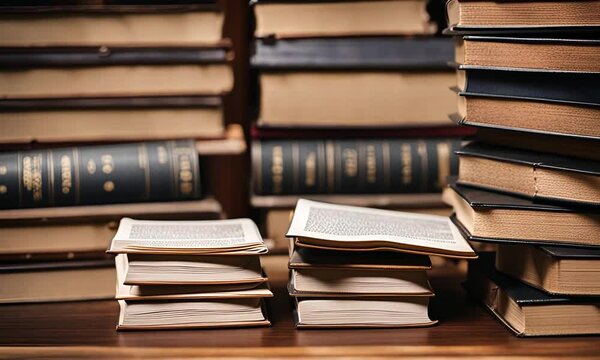 Stacks of books on a wooden table, with other books stacked in the background.