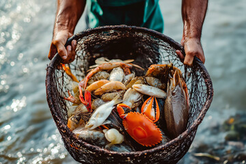 A fisherman's hands holding a net filled with freshly caught fish, crabs, and other seafood.