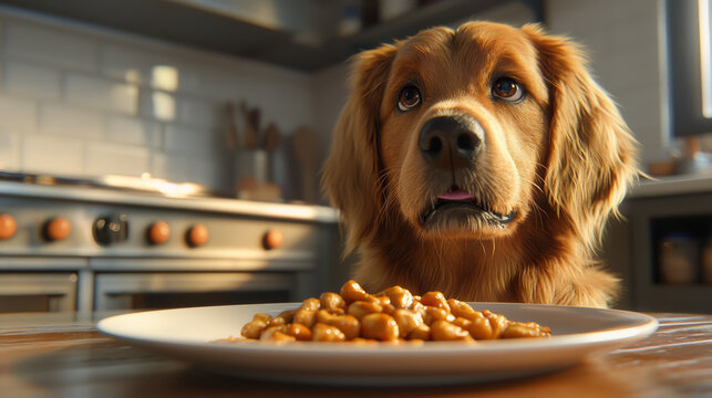 golden retriever eagerly awaits its meal in cozy kitchen, showcasing delightful moment of anticipation. dog expressive eyes focus on plate of food, creating heartwarming scene