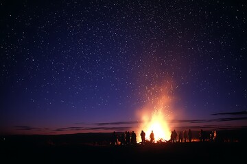 A large bonfire surrounded by people in the night sky