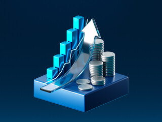 Finance stock growth chart investment graph on 3d diagram background with up arrow digital analysis money profit financial business success economy market. Wealth strategy increase currency exchange.
