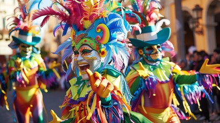 Fototapeta premium A person in a colorful carnival costume dances in a parade.