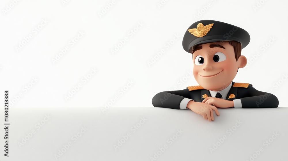 Aufkleber a cheerful animated pilot character in uniform leaning on a blank surface.