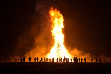 A large bonfire surrounded by people in the night sky