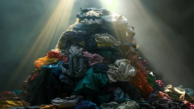 A large pile of colorful, crumpled clothing items including shirts, pants, and other garments	
