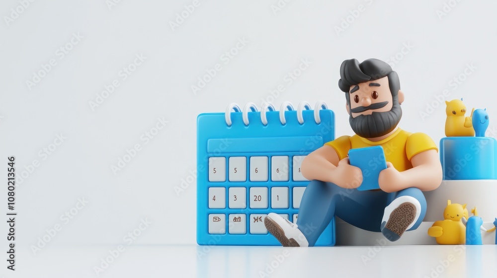 Poster a 3d character sits with a calendar and playful animals, suggesting organization and leisure.