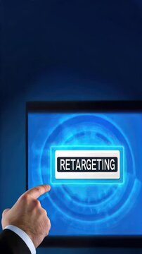 Businessman points at RETARGETING button on virtual screen, customer engagement, digital marketing, targeted advertising, retargeting ads