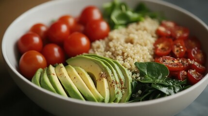 Beautifully arranged bowl with sliced avocado, quinoa, spinach, and cherry tomatoes