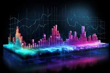 Vibrant visualization of data trends in a futuristic digital landscape at night. Generative AI