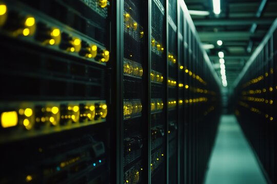 Rows of servers in a data center illustrating cloud computing and network technology concepts