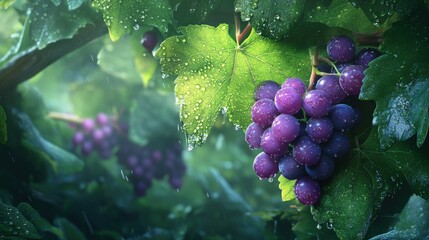 Close-up of a cluster of ripe, purple grapes hanging on a vine, with morning dew glistening on the fruit against lush green leaves