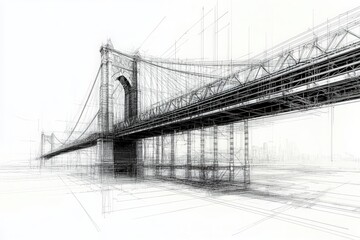 Fototapeta premium This detailed technical sketch showcases the design of a suspension bridge, emphasizing its structural components, proportions, and engineering precision. It reflects a modern architectural concept.