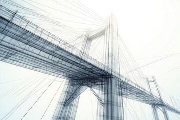 Obraz premium A technical sketch illustrating the structure of a modern suspension bridge, emphasizing the intricate design and engineering details that contribute to its stability and aesthetic appeal.