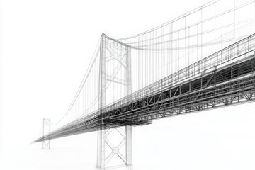 Fototapeta premium A detailed technical sketch illustrates a suspension bridge design, showcasing its intricate structural components and engineering features, emphasizing its potential functionality and aesthetics.
