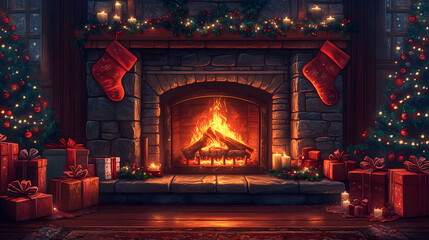 Illustration of a classic Christmas fireplace with stockings hanging, a roaring fire, and beautifully wrapped gifts around, evoking warmth, coziness, and holiday cheer.